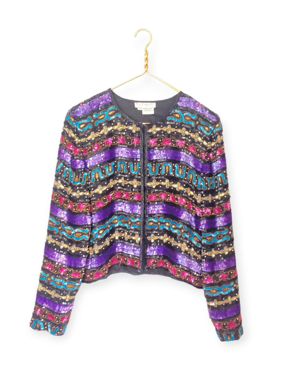 VTG 90s Tait Mate Sequin Silk Jacket Size 16 Colorful Holiday Glam Sparkly Beade